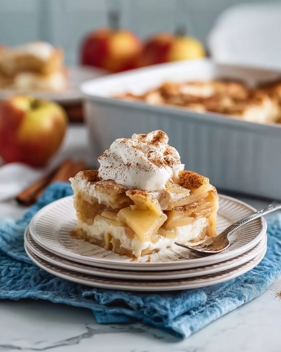 The image shows a slice of apple dessert on a stack of three white plates with fine ridged edges, placed on a blue cloth. The dessert has a bottom layer of soft, baked crust, a thick middle layer of cooked apple slices mixed with cream, and a top layer of more apple slices covered with a dollop of white whipped cream sprinkled with brown cinnamon powder. A silver fork rests on the right side of the plate. In the background, there is a white baking dish with the remaining dessert and blurred apples and dishes, all set on a white marbled surface. Photo taken with an iphone --ar 4:5 --v 7