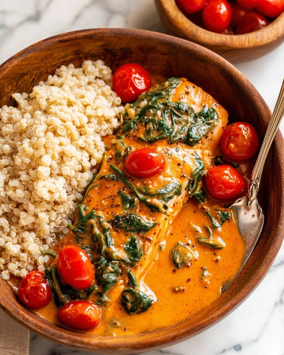 A wooden bowl holds a dish with two main parts: on the left, a pile of beige, cooked grain with a slightly rough texture, and on the right, a fillet of fish covered in a thick, orange sauce speckled with black pepper and mixed with bright green spinach leaves and shiny, whole red cherry tomatoes scattered around. A silver fork rests inside the bowl on the right side, touching the sauce. In the background, there is a white marbled surface and a small wooden bowl filled with more red cherry tomatoes. photo taken with an iphone --ar 4:5 --v 7