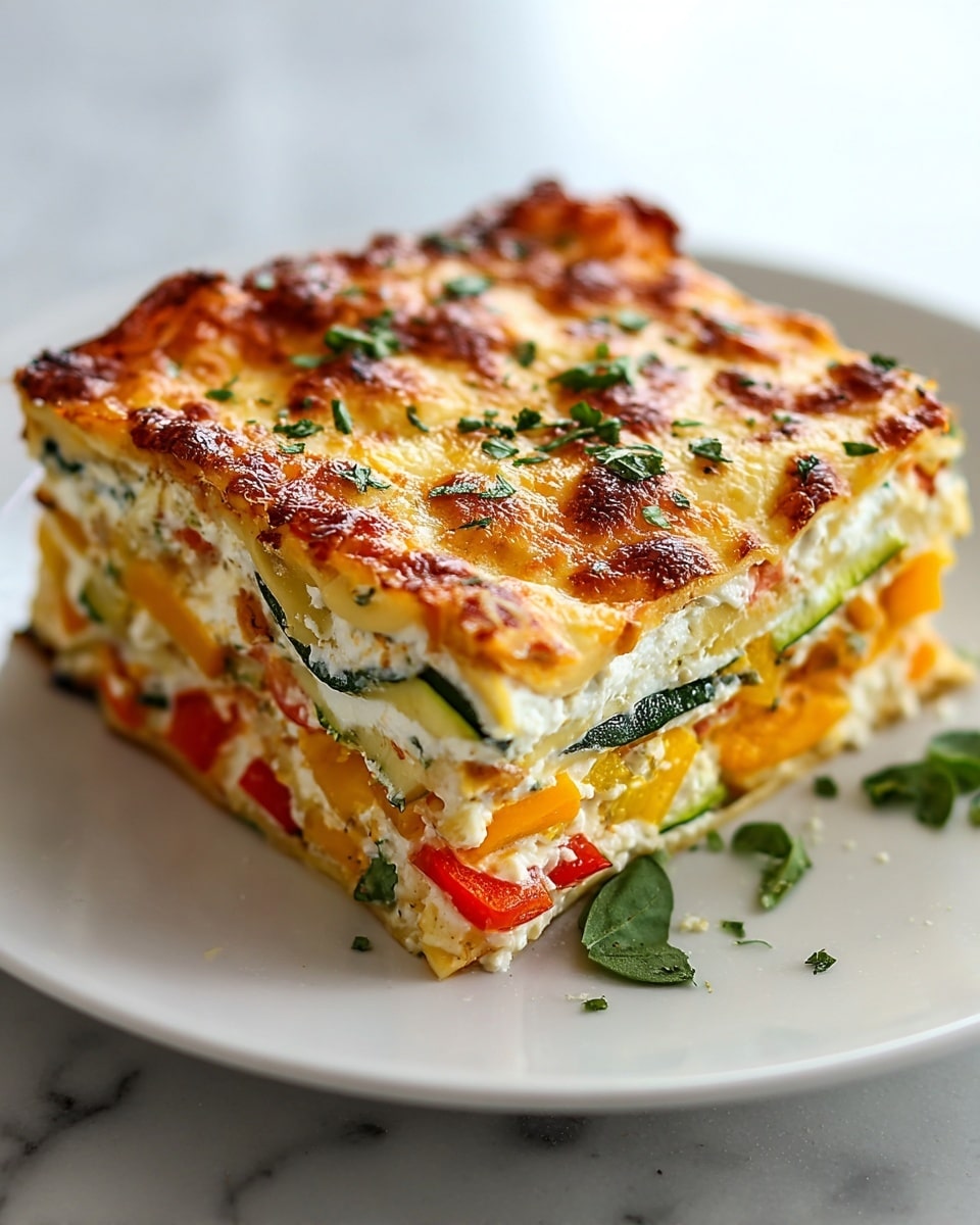The image shows a thick, square slice of vegetable lasagna on a white plate placed on a white marbled surface. The lasagna has multiple layers, starting with a browned, bubbly golden cheese top sprinkled with small green herb leaves. Beneath the top layer is a creamy white ricotta cheese layer mixed with bright yellow and orange bell peppers, red bell peppers, and thin green zucchini slices. The layers alternate between soft cheese and colorful roasted vegetables, creating a rich texture with visible juices. A few fresh herb leaves are scattered on the plate next to the lasagna slice. Photo taken with an iphone --ar 4:5 --v 7