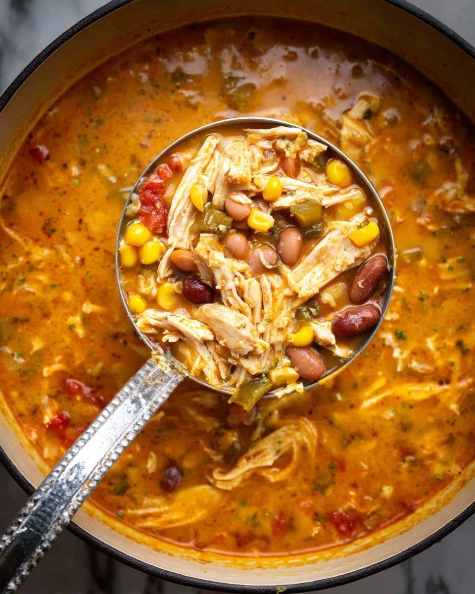 The image shows a thick soup or stew in a pot full of bright orange broth mixed with shredded chicken, yellow corn kernels, brown beans, and red and green vegetable pieces; a large silver ladle in the center lifts a scoop of the soup above the pot, clearly showing these ingredients mixed together with the creamy orange broth; the background is a white marbled texture. photo taken with an iphone --ar 4:5 --v 7