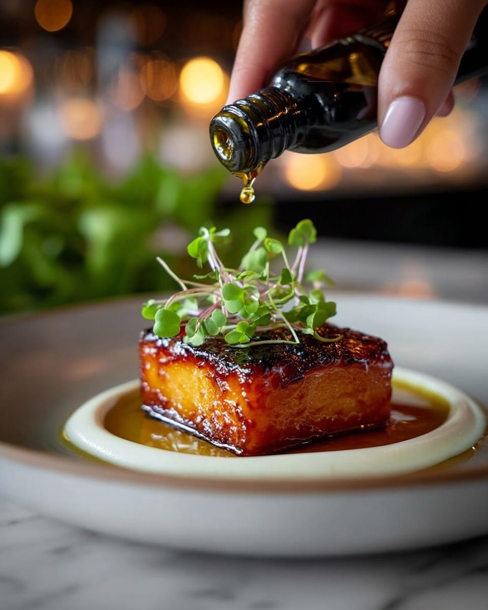 A close-up of a square piece of golden-brown caramelized block resting on a smooth white sauce spread in a circle on a white plate. The caramelized block has a shiny, slightly charred top surface with a rich amber color and a glossy texture. On top, there are small green microgreens adding a fresh touch, and a woman's hand is carefully dripping oil from a small dark brown bottle onto the dish. The white plate is placed on a white marbled surface, with a blurred background showing warm lights and out-of-focus green leaves. photo taken with an iphone --ar 4:5 --v 7