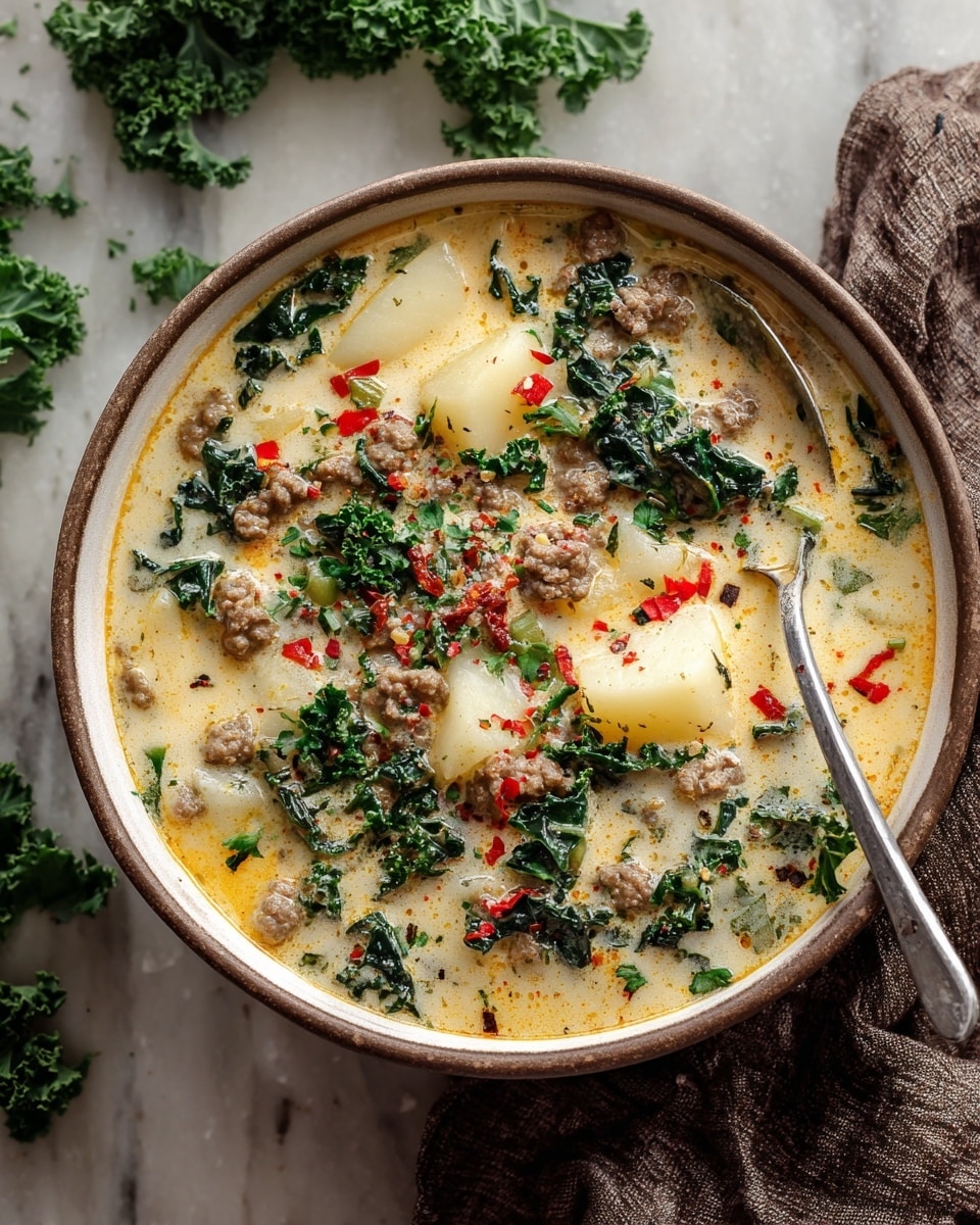 A white bowl filled with creamy soup has visible layers including soft white potato chunks, browned ground meat pieces, and dark green leafy kale evenly mixed throughout the pale yellow broth with tiny orange oil spots. Red pepper flakes and finely chopped parsley float on top, adding color over the creamy surface. A silver spoon rests inside the bowl to the right, touching the soup and leaning on the bowl’s edge. The bowl sits on a white marbled surface with some curly kale and parsley scattered gently around it. photo taken with an iphone --ar 4:5 --v 7