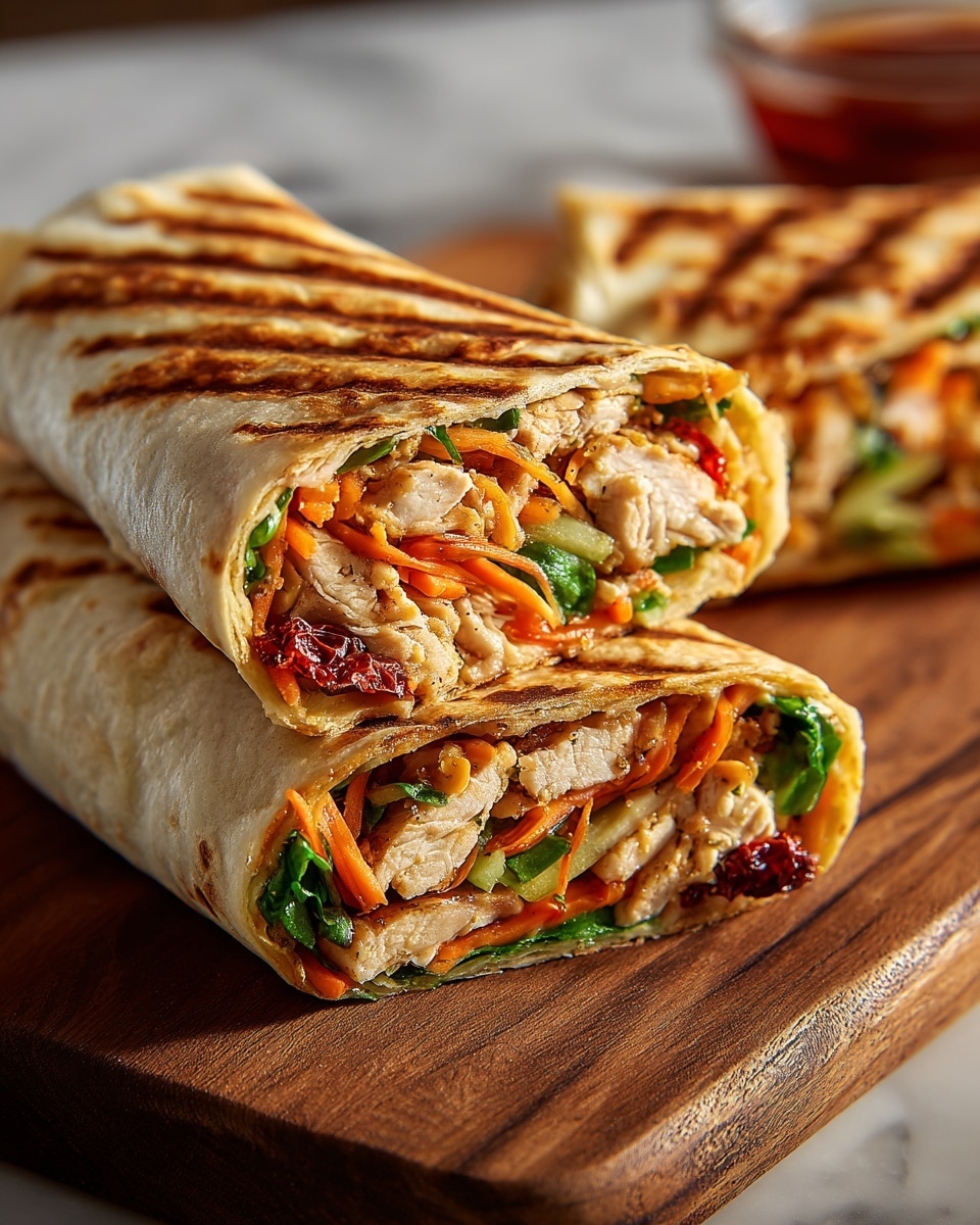 Two grilled wraps are stacked on a wooden board, each cut in half showing colorful layers inside. The wraps have a slight golden-brown, crispy outside with visible grill marks. Inside, the first layer is light brown cooked chicken pieces with a juicy texture, followed by thin strips of bright orange carrots and small green leafy vegetables. There are also dark red strips of sun-dried tomatoes adding color contrast, all layered tightly together. The wooden board sits on a white marbled surface with soft natural light highlighting the juicy and fresh look of the wraps. photo taken with an iphone --ar 4:5 --v 7