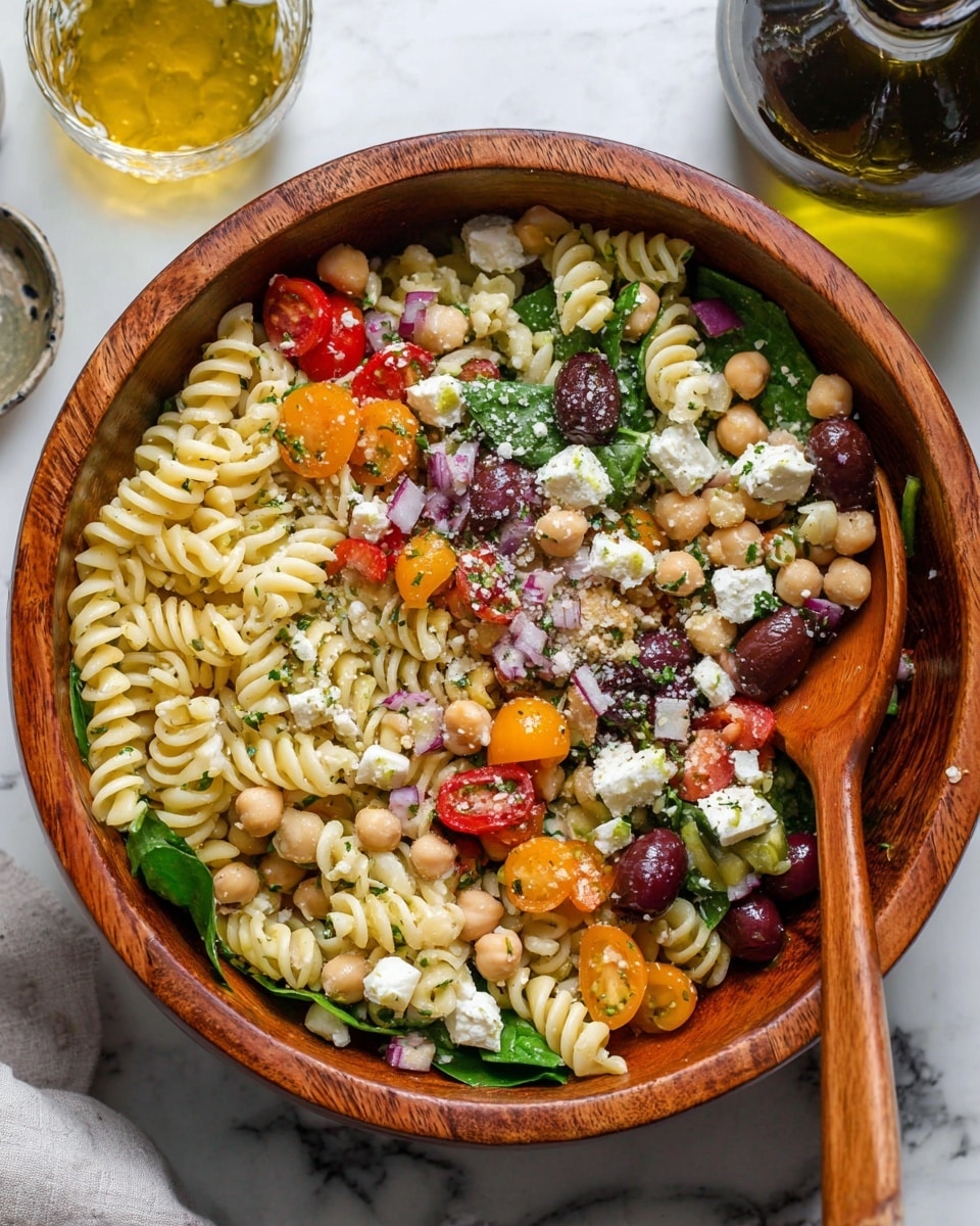 The image shows a wooden bowl filled with layered pasta salad. The bottom layer is spiral-shaped rotini pasta in a pale yellow color, mixed with pale beige chickpeas. On top of this are halved cherry tomatoes in red and orange, green spinach leaves, cubes of white cheese, and dark purple olives. The salad is sprinkled with finely chopped herbs and a light dusting of grated cheese, adding some white and green textures on top. A wooden spoon is partially inside the bowl on the right side. The bowl is set on a surface with a white marbled texture, with a glass of golden liquid and a dark olive oil bottle placed nearby. photo taken with an iphone --ar 4:5 --v 7
