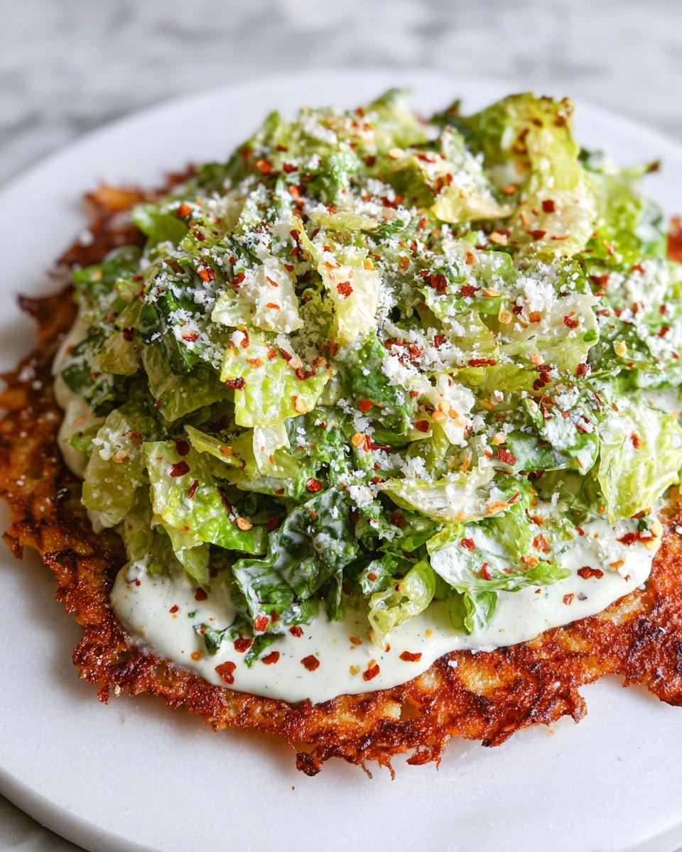 A multi-layered dish is shown with a base layer of crispy, golden-brown cheese that has a lacy, uneven edge. On top, there is a layer of creamy white dressing spread thinly over the cheese base. The top layer is a fresh green salad made of roughly chopped romaine lettuce mixed with creamy dressing, sprinkled with small flakes of white cheese and tiny red chili flakes scattered evenly across. The dish is placed on a white marbled surface. photo taken with an iphone --ar 4:5 --v 7