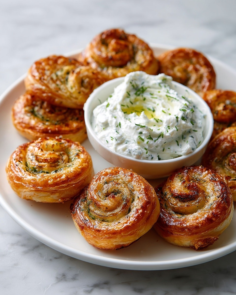 A white round plate with small golden-brown puff pastry pinwheels arranged in a circle around a small white bowl filled with creamy, whipped white dip with a slight drizzle of olive oil on top. Each pinwheel has layers of flaky, crispy dough with a green herb filling visible in spirals. The pinwheels have a glossy finish, showing the baked texture and browning on the edges. The plate sits on a surface with a white marbled texture. photo taken with an iphone --ar 4:5 --v 7