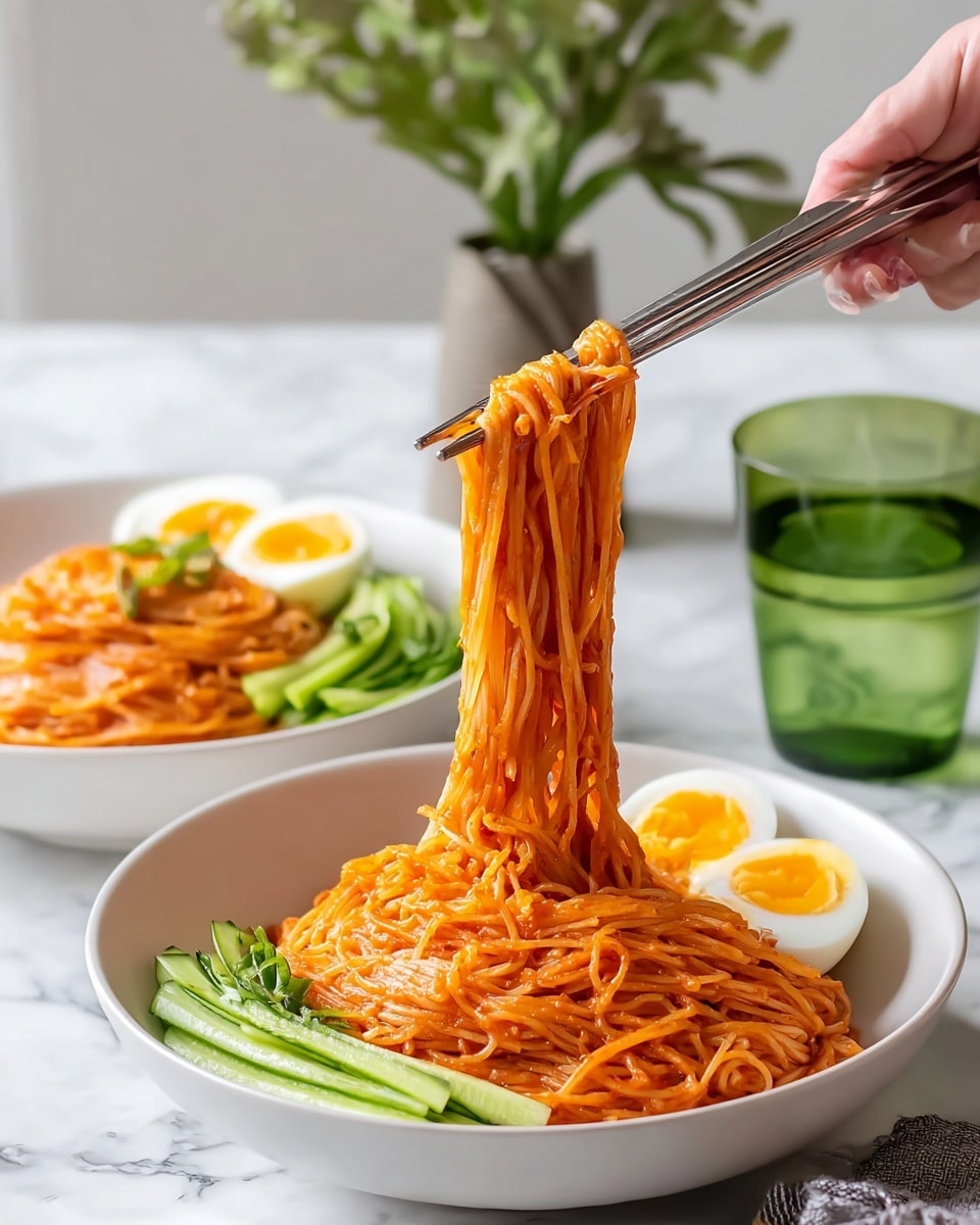 A white bowl filled with thin noodles coated in a bright red-orange sauce, piled high in the center. To one side of the noodles, there are several green cucumber sticks neatly arranged. A woman's hand using silver chopsticks lifts a portion of the noodles, showing their soft and slightly shiny texture. In the background, another white bowl holds more noodles topped with green cucumber sticks and a halved soft-boiled egg with a bright yellow yolk. A clear green glass and a potted plant sit further back on a white marbled surface. photo taken with an iphone --ar 4:5 --v 7