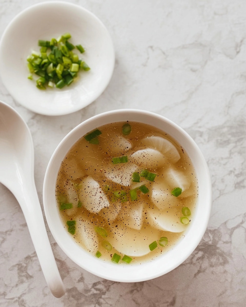 A white bowl filled with clear broth soup containing translucent white radish slices and green onion pieces floating evenly on the surface, topped with a sprinkle of black pepper specks; beside it lies a small white plate holding chopped green onions and a white ceramic spoon resting diagonally, all set on a white marbled surface. photo taken with an iphone --ar 4:5 --v 7