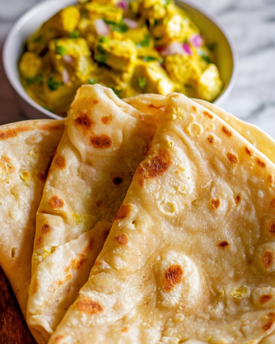 The image shows two golden, soft, and slightly browned flatbreads folded in a white bowl, with a visible layered texture of thin spots and bubbles on the surface. Next to them is a creamy yellow curry with small pieces of paneer or tofu, mixed with green herbs and small bits of red onion, creating a colorful, textured contrast. The background is a white marbled surface, adding a clean and elegant look to the close-up shot. photo taken with an iphone --ar 4:5 --v 7