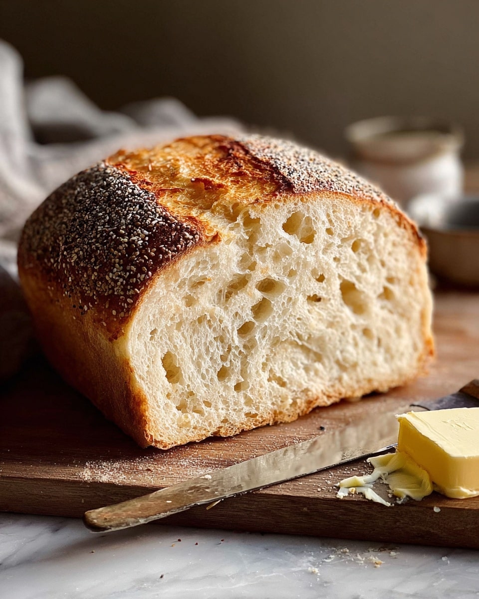 A fresh loaf of bread is cut open with its soft, light beige inside showing many small air holes. The crust on top has two sections: one with a smooth golden brown color and a few toasted marks, and the other covered with mixed seeds like sesame and poppy, giving a textured look. The loaf sits on a wooden board, next to a knife with a chunk of pale yellow butter on it. The background is softly blurred with a white marbled texture beneath the board. photo taken with an iphone --ar 4:5 --v 7