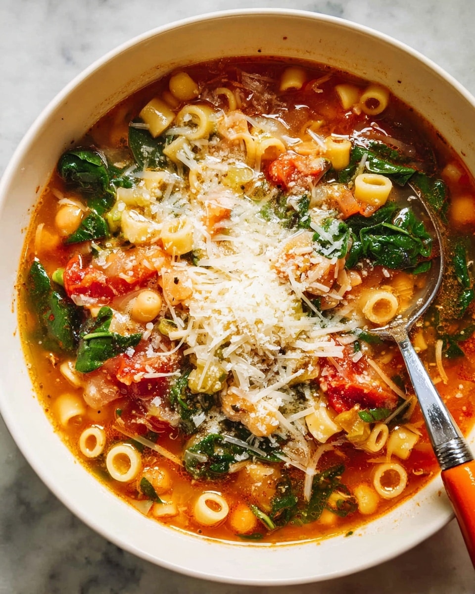 A white bowl filled with a colorful soup showing 5 visible layers: at the base, a reddish-orange clear broth with seasoning; on top of it, a mix of bright green spinach leaves and yellow chickpeas scattered throughout; next, pale yellow mini ring pasta floating evenly; diced red tomatoes appearing in small clusters; and finally, a generous heap of finely shredded white cheese mainly in the center. A spoon with a silver handle and an orange grip is resting inside the bowl on the lower right side, partially submerged. The bowl sits on a white marbled surface. Photo taken with an iphone --ar 4:5 --v 7
