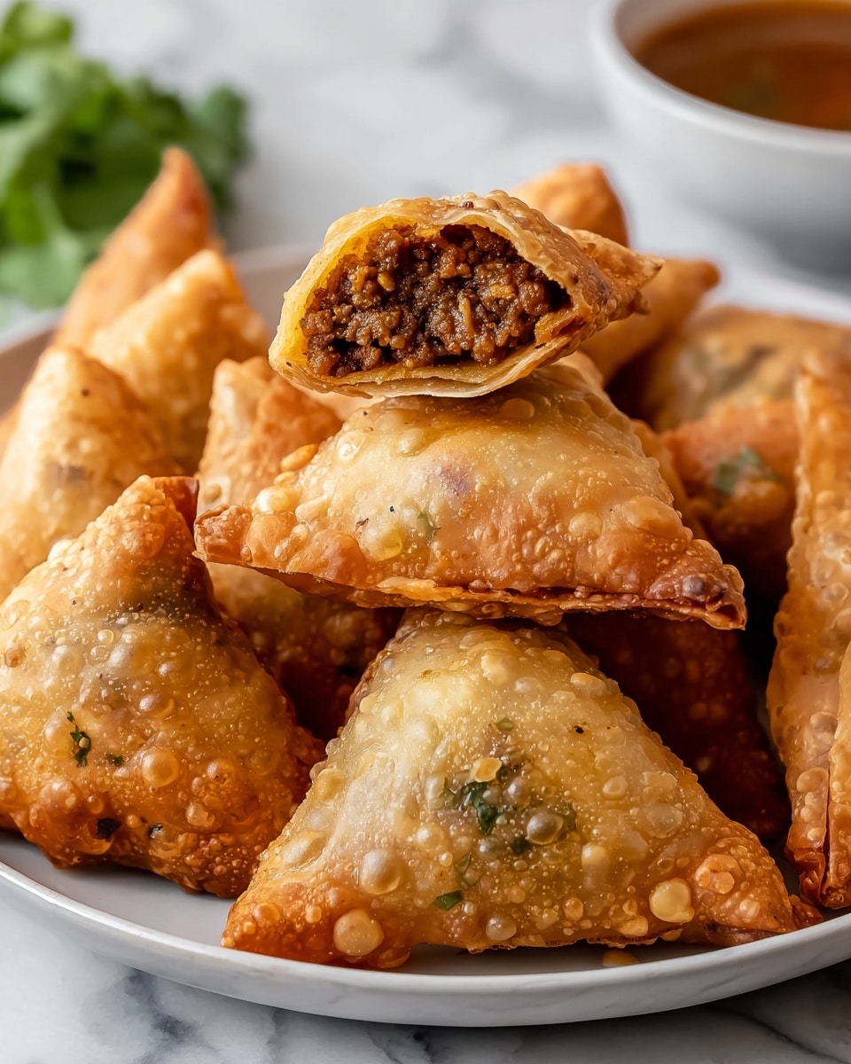 A white plate holds eight golden brown samosas with a crispy, bubbled texture on their triangular shells. One samosa in the center is cut open, revealing a filling of finely cooked ground meat mixed with small bits of onion and herbs, showing a rich brown and slightly moist interior. The samosas are arranged close together on the plate, which sits on a white marbled surface, with a blurred background hinting at a bowl and some greens. photo taken with an iphone --ar 4:5 --v 7