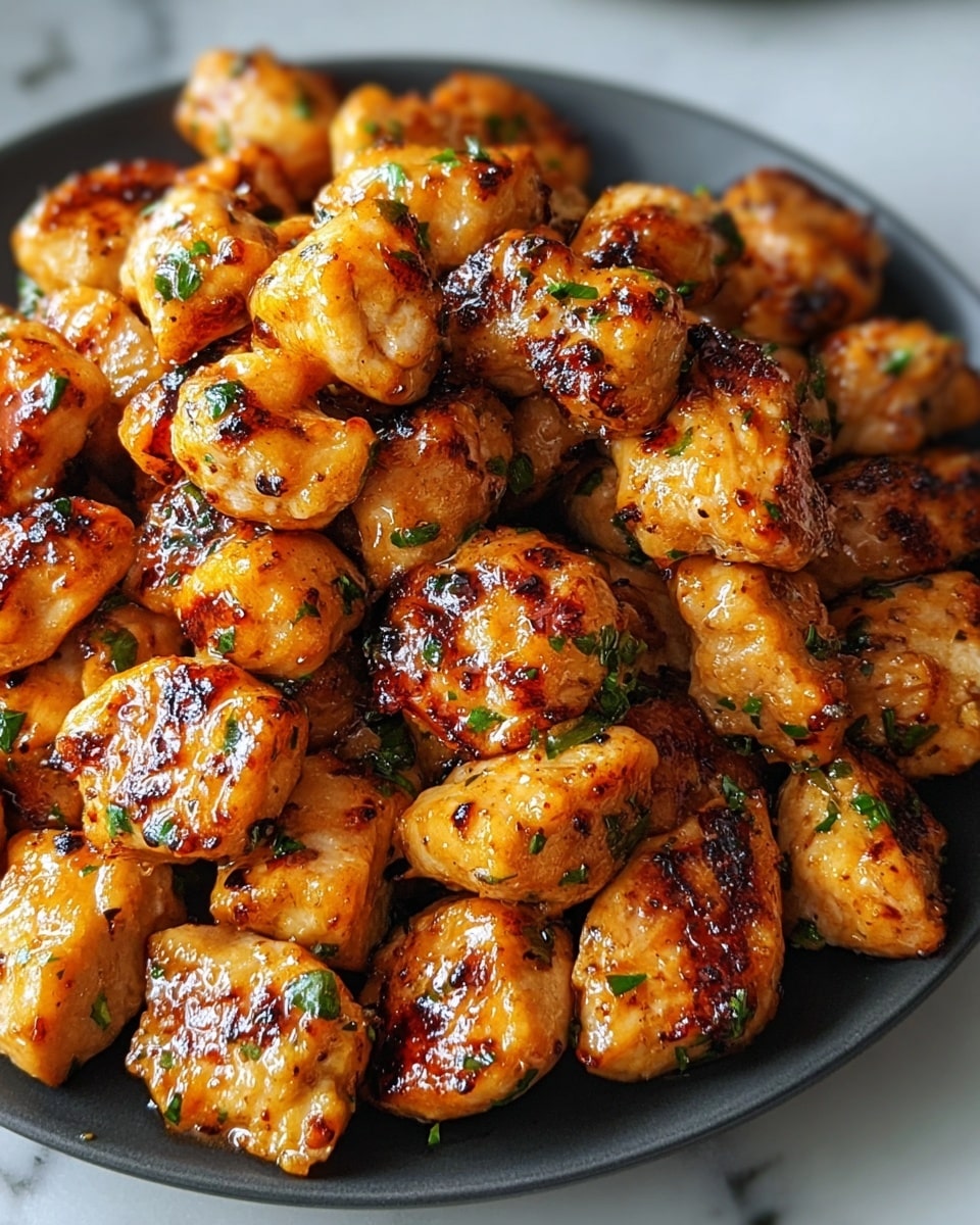 A close-up view of a black plate piled high with golden-brown grilled chicken bites, each piece glossy with a shiny glaze and speckled with small green herbs, showing a slightly crunchy exterior with char marks. The chicken pieces vary slightly in size, appearing juicy and well-seasoned. The plate rests on a white marbled surface, and a soft natural light highlights the texture and color of the chicken. photo taken with an iphone --ar 4:5 --v 7