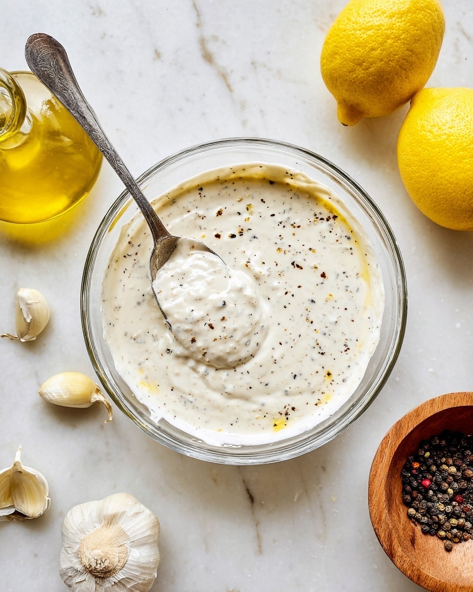 A clear glass bowl filled with a creamy white sauce that has a slightly thick texture, speckled with black pepper and small bits evenly mixed throughout. A metal spoon rests inside the bowl, partially submerged in the sauce, with a bit of the sauce clinging to it. Surrounding the bowl on a white marbled surface are two whole yellow lemons, a small glass bottle of golden olive oil, cloves of garlic, and a wooden container holding cracked black pepper. photo taken with an iphone --ar 4:5 --v 7