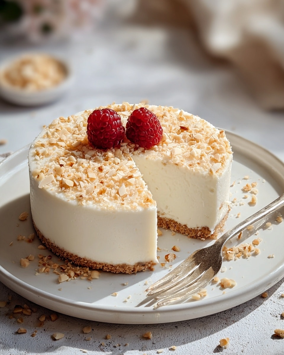 A round, single-layer white cheesecake with a smooth and creamy texture, set on a light brown crumbly crust base. The top is covered with a generous layer of finely chopped nuts, adding a slightly rough texture, and decorated with two fresh red raspberries near the center. A silver fork rests on the edge of the white plate, with some crumbs scattered around. The scene is set on a white marbled textured surface with soft natural light coming from behind, creating a warm and inviting atmosphere. Photo taken with an iphone --ar 4:5 --v 7