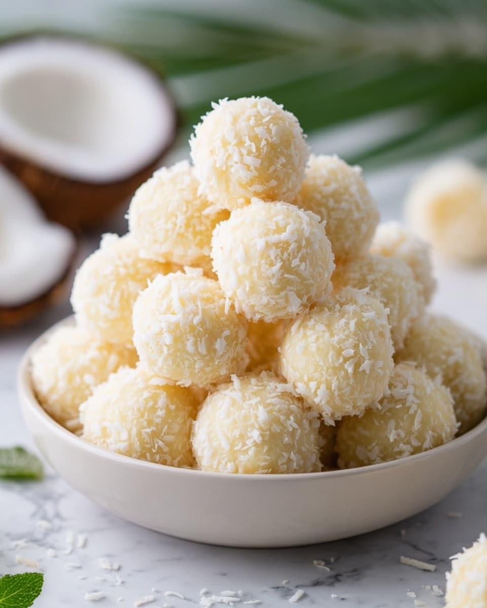 A white bowl filled with a pyramid stack of creamy white coconut balls, each round ball coated with small flaky coconut pieces giving a rough texture. The balls have a soft, light yellow inside peeking through the coconut flakes. The scene has a blurred white marbled texture in the background with a hint of green leaves and a cracked coconut half adding a natural touch. The overall look is soft, light, and fresh. photo taken with an iphone --ar 4:5 --v 7