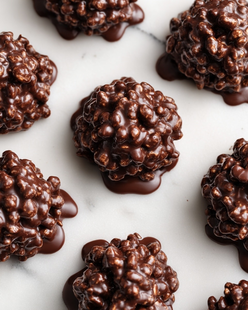 The image shows several chocolate clusters placed on a white marbled surface. Each cluster is round and made of small puffed cereal pieces coated in a smooth, glossy dark brown chocolate. The puffed cereal bits peek through the chocolate coating, giving each cluster a textured and bumpy look. The clusters have small pools of melted chocolate underneath where they touch the surface, making them look freshly made and shiny. They are spread out evenly with some space between each piece, and the overall scene looks neat and appetizing. Photo taken with an iphone --ar 4:5 --v 7
