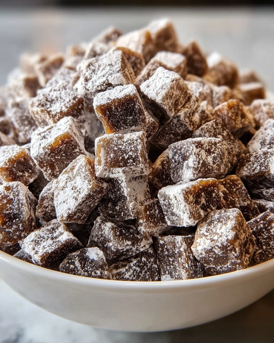 A large white bowl is filled with many small square pieces of candy that are either light brown or dark brown in color. Each candy piece is dusted with a fine layer of white powdered sugar that gives a slightly rough texture. The candy squares are piled high, creating a rich and textured look. The background is softly blurred with a white marbled texture beneath the bowl, highlighting the candy in focus. photo taken with an iphone --ar 4:5 --v 7