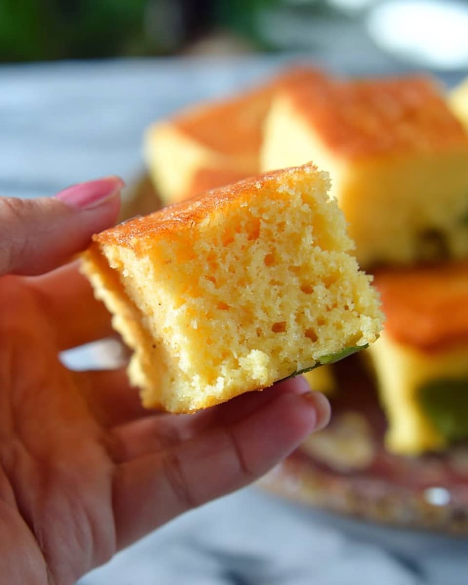 A close-up of a small square piece of soft, fluffy yellow cake with a light golden brown top layer, held delicately between a woman's thumb and forefinger. The cake has a slightly moist texture with tiny air pockets visible inside, and a thin green leaf layer at the bottom. In the blurred white marbled background, there are more pieces of the same cake stacked. photo taken with an iphone --ar 4:5 --v 7