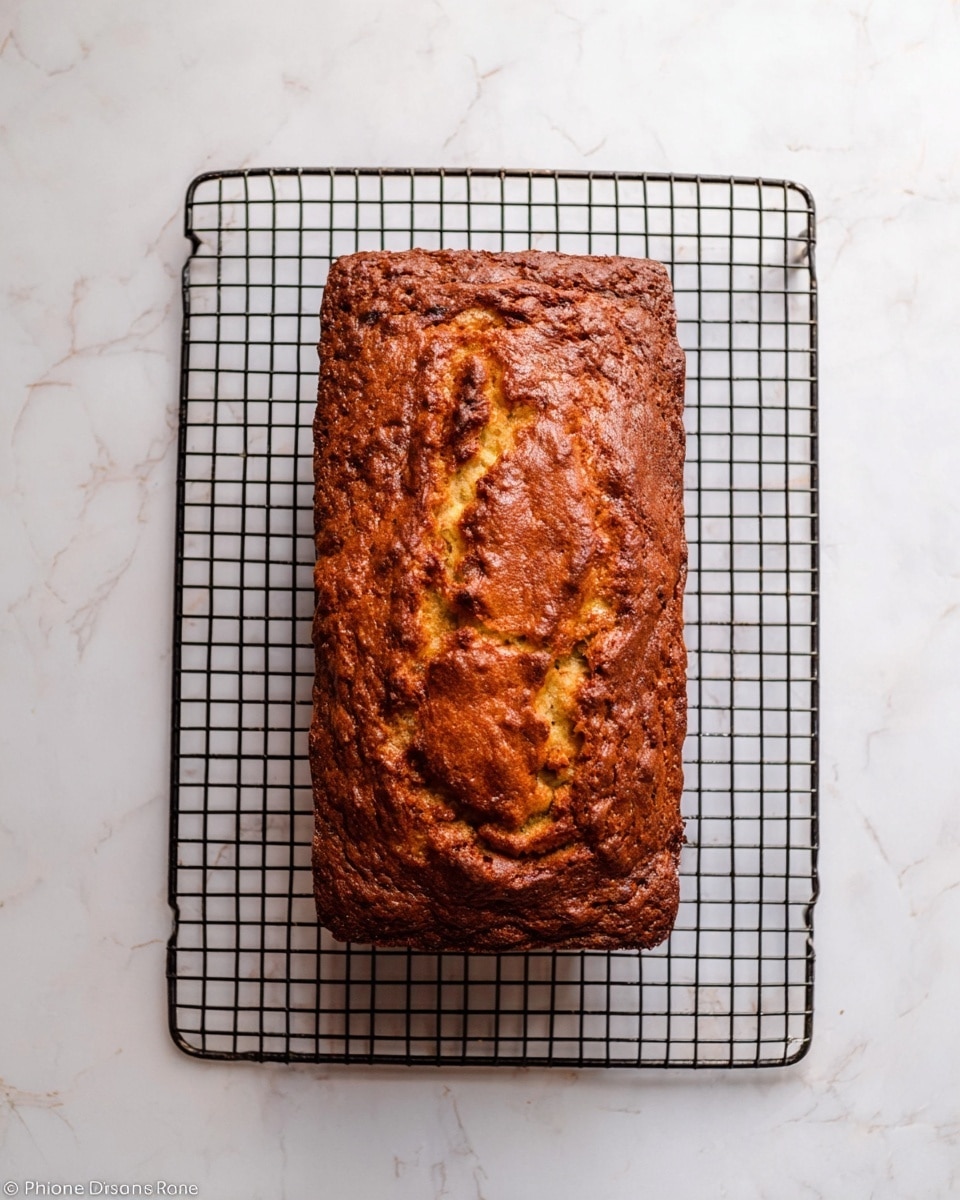 A rectangular loaf cake with a golden to dark brown top featuring rough, uneven swirls and cracks sits centered on a round black wire cooling rack. The cake's surface shows textured sections with slightly darker browned areas, hinting at moistness inside. The wire rack is placed on a white marbled surface, creating a clean and bright contrast to the warm tones of the cake. Photo taken with an iphone --ar 4:5 --v 7