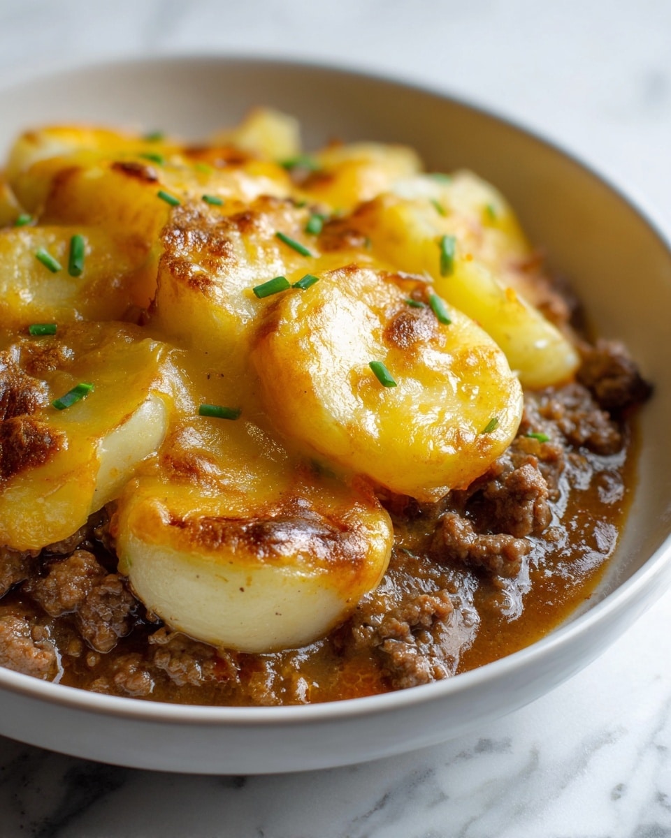 The dish shows a close-up of a layered casserole in a white bowl, with three visible layers. The bottom layer is a thick, rich brown sauce with ground meat pieces, appearing moist and glossy. Above that, there are round slices of soft yellow potatoes with a slightly translucent texture. The top layer is melted cheese that is golden yellow with some browned spots, covering parts of the potatoes. Small green herb pieces, likely chopped chives, are sprinkled on top adding a fresh color contrast. The dish looks warm and hearty on a white marbled surface. photo taken with an iphone --ar 4:5 --v 7