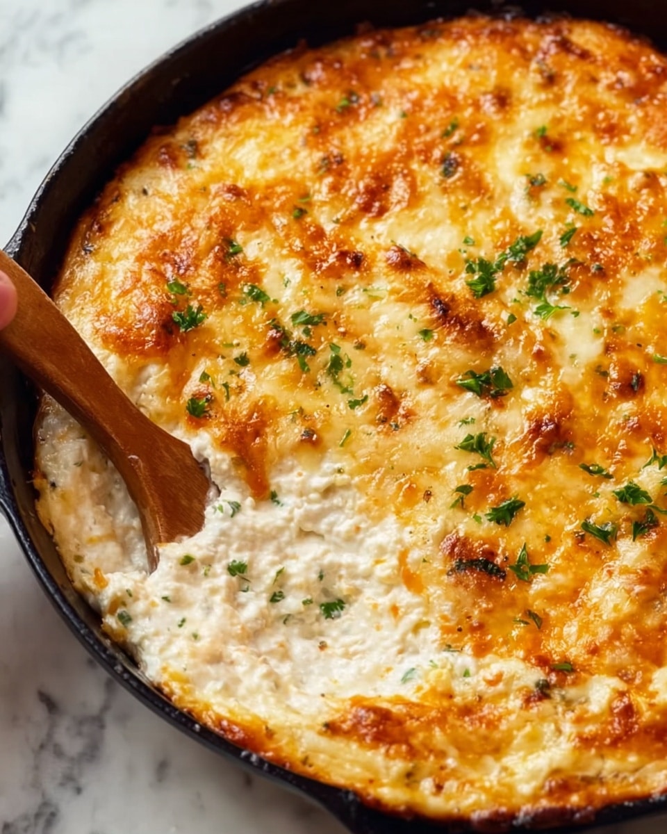 This image shows a close-up of a skillet dish with two visible layers. The top layer is golden-brown melted cheese with a slightly crispy, bubbly texture and small green parsley pieces sprinkled on top. The bottom layer is a thick, creamy white mixture underneath the cheese, slightly uneven and soft in texture. The skillet contrasts with the white marbled surface beneath it, and a woman's hand holding a wooden spoon is reaching into the dish at the top left corner. photo taken with an iphone --ar 4:5 --v 7