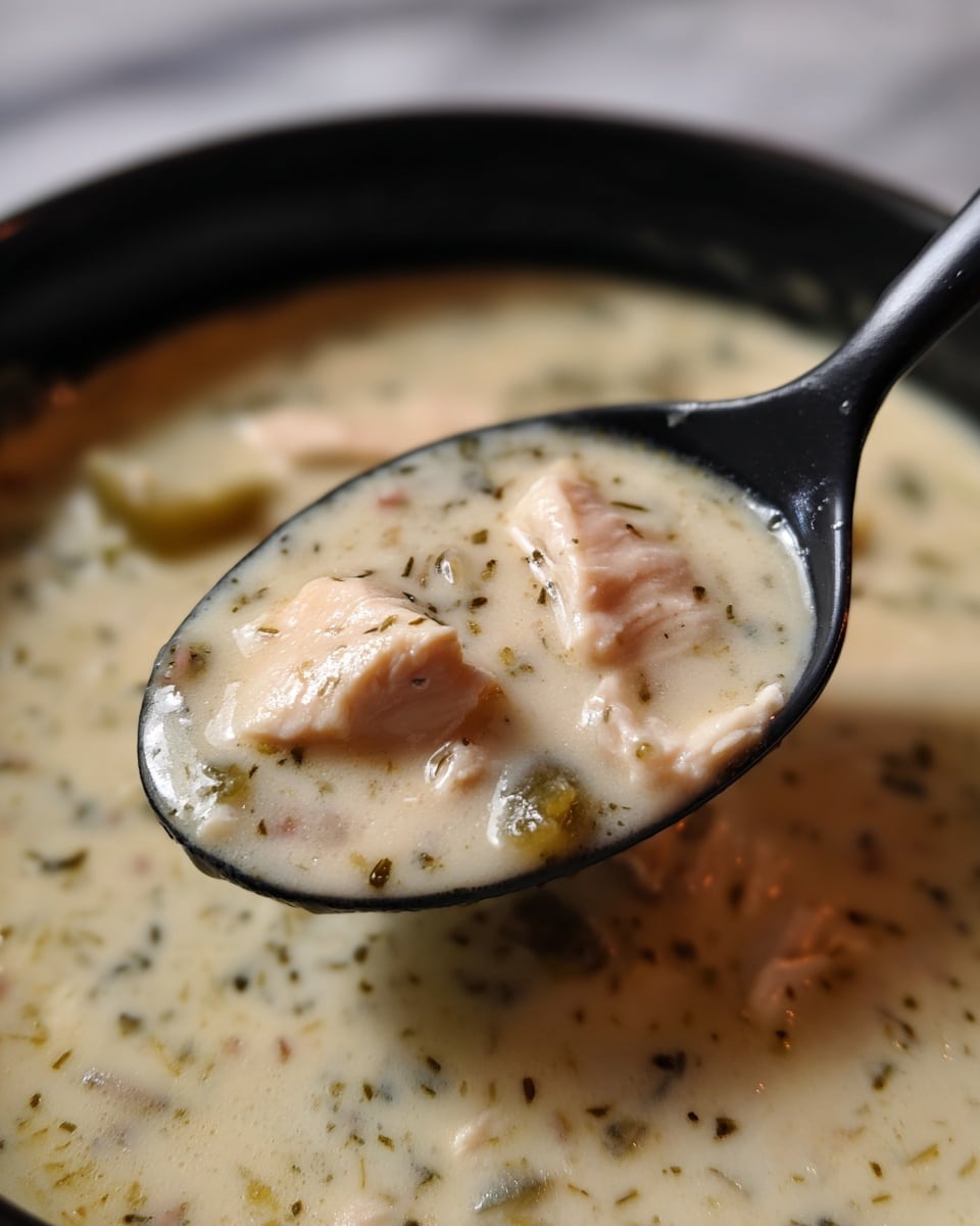 The image shows a close-up of a black spoon holding thick creamy chicken soup with soft chunks of light pink chicken and small pieces of green herbs mixed in the pale, creamy broth. The soup is in a black bowl with the creamy, herb-speckled liquid filling the bowl's edges. The background has a smooth, blurred look with a white marbled texture visible at the bottom. photo taken with an iphone --ar 4:5 --v 7