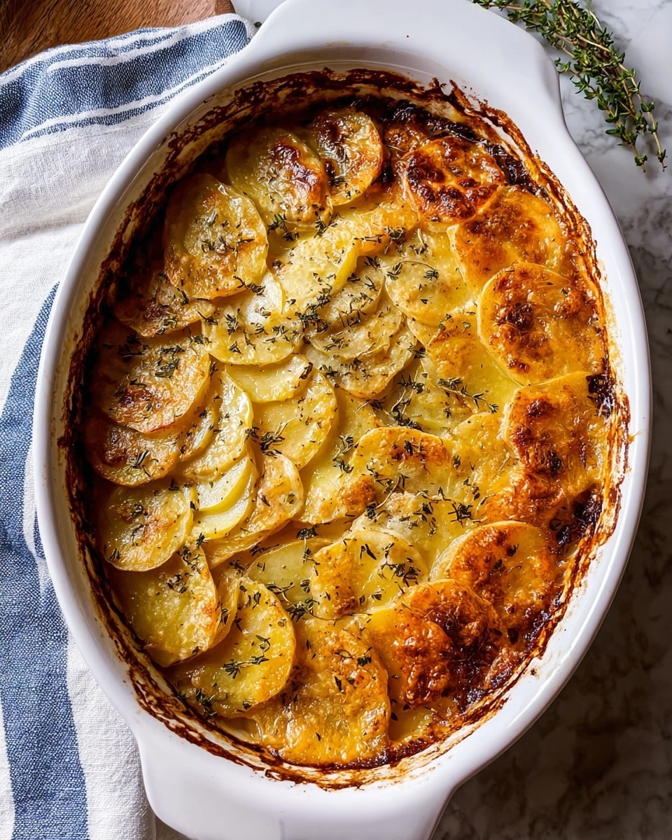 A white oval baking dish filled with a potato gratin showing about three layers of thinly sliced round potatoes, arranged overlapping on the top layer in a circular pattern. The potatoes have a golden-brown color with crispy edges and are sprinkled with greenish dried herbs. The surface looks slightly shiny with melted cheese or cream. The dish rests on a white marbled surface with a folded blue and white striped cloth nearby. photo taken with an iphone --ar 4:5 --v 7