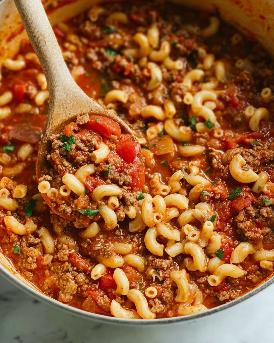 The image shows a close-up of a pot filled with a thick, hearty macaroni and ground meat stew. The dish has three main layers: the small elbow macaroni with a soft pale cream color, the ground meat cooked brown and crumbly, and chunks of bright red tomatoes mixed throughout. The stew is thick with a rich reddish-brown sauce coating all the ingredients, and small pieces of chopped green herbs are sprinkled on top. A wooden spoon rests in the pot, lifting a spoonful of the mixture, highlighting the texture of the pasta and meat. The pot's inside is white, and the whole scene is set against a white marbled texture. Photo taken with an iphone --ar 4:5 --v 7