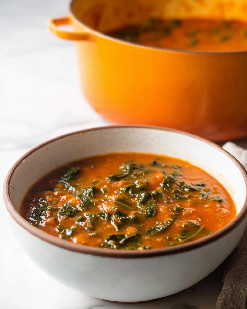 A close-up view of a bowl filled with a thick, orange-red soup that has dark green leafy vegetables mixed in. The soup looks chunky and textured, with visible bits of vegetables floating in the liquid. The bowl is white with a thin brown rim and sits on a white marbled surface. Behind the bowl, there is a large orange pot partially visible, filled with more of the same soup. The background is bright and softly blurred. photo taken with an iphone --ar 4:5 --v 7