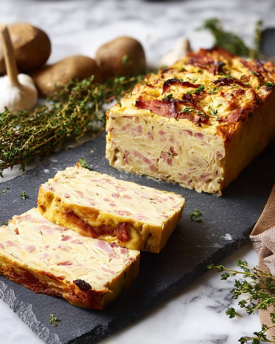 A loaf of baked onion and bacon casserole is shown on a dark gray stone board with three slices cut and lying flat in front. The inside of the casserole is creamy light beige with visible pieces of cooked onions and small pinkish-brown bacon strips evenly spread throughout. The top layer is slightly browned and crispy with a golden yellow color. Some green herb sprigs are placed around the board. The background is a white marbled texture with a white cloth partially visible. Photo taken with an iphone --ar 4:5 --v 7