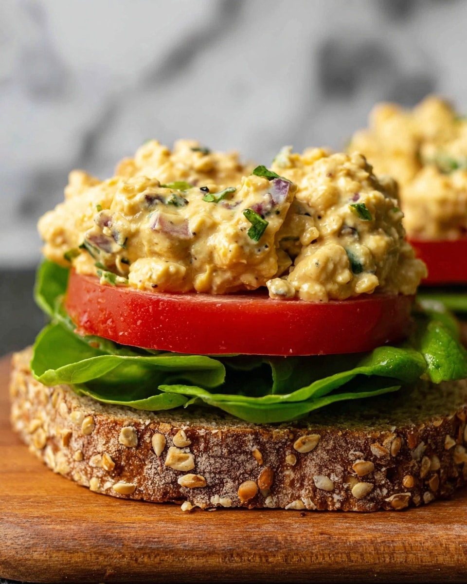 A close-up of an open-faced sandwich featuring three distinct layers: the bottom layer is a thick slice of multigrain bread with a rough, textured crust; above it lies a fresh, bright green leaf of lettuce that looks crisp and slightly wrinkled; the middle layer is a thick slice of juicy red tomato with a smooth surface and vibrant color; the top layer is a generous scoop of creamy, chunky chickpea salad mixed with small bits of herbs and spices, giving it a pale yellow color with green and purple flecks. The sandwich is placed on a wooden board with a blurred white marbled texture in the background. photo taken with an iphone --ar 4:5 --v 7