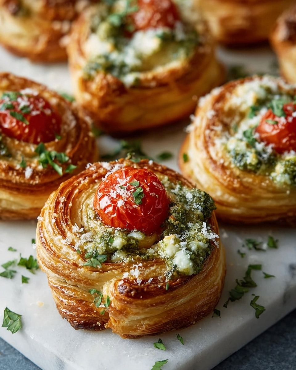 The image shows several small puff pastry spirals, each made of multiple flaky golden-brown layers forming a thick base. On top of each spiral are two main toppings: one is a bright red half cherry tomato with a smooth, slightly blistered skin, and the other is a spread of green herb pesto with a coarse texture sprinkled with light white grated cheese. Small pieces of chopped fresh green herbs are scattered on the pastries and on the white marbled surface underneath. The pastries have a crispy, browned crust on the edges and a soft, creamy filling inside. Photo taken with an iphone --ar 4:5 --v 7