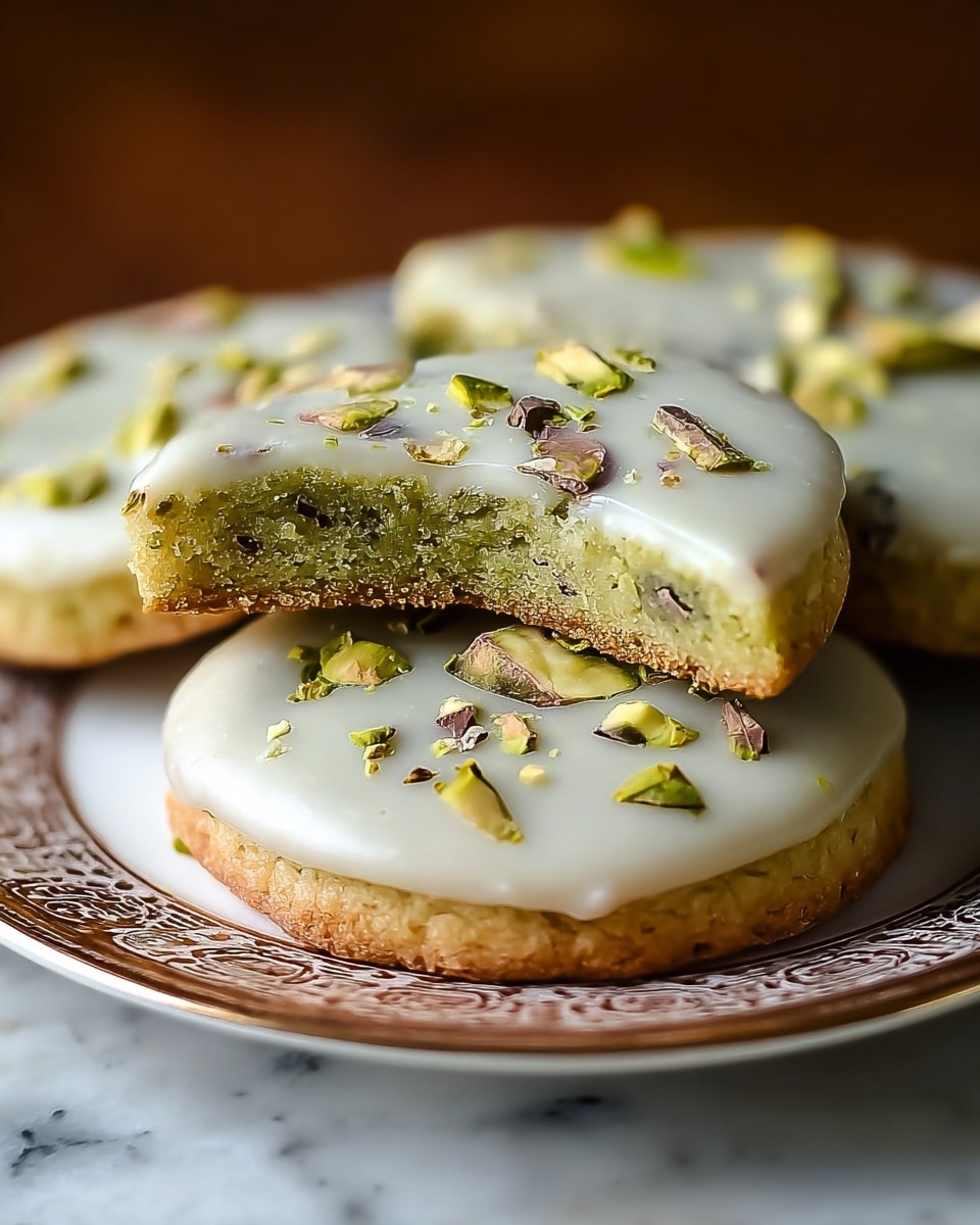 The image shows round cookies with three clear layers, stacked on a white plate with a brown decorative edge, placed on a white marbled surface. The bottom layer is a thin, golden-brown crisp crust. The middle layer is thick and pale green, embedded with chopped pistachio nuts that add texture and color contrast. The top layer is a smooth, shiny white icing that covers the cookie evenly, dotted with small pieces of chopped pistachio and chocolate shards. One cookie is stacked on another, slightly tilted to show the inside with a bite taken out, revealing the middle pistachio layer clearly. photo taken with an iphone --ar 4:5 --v 7