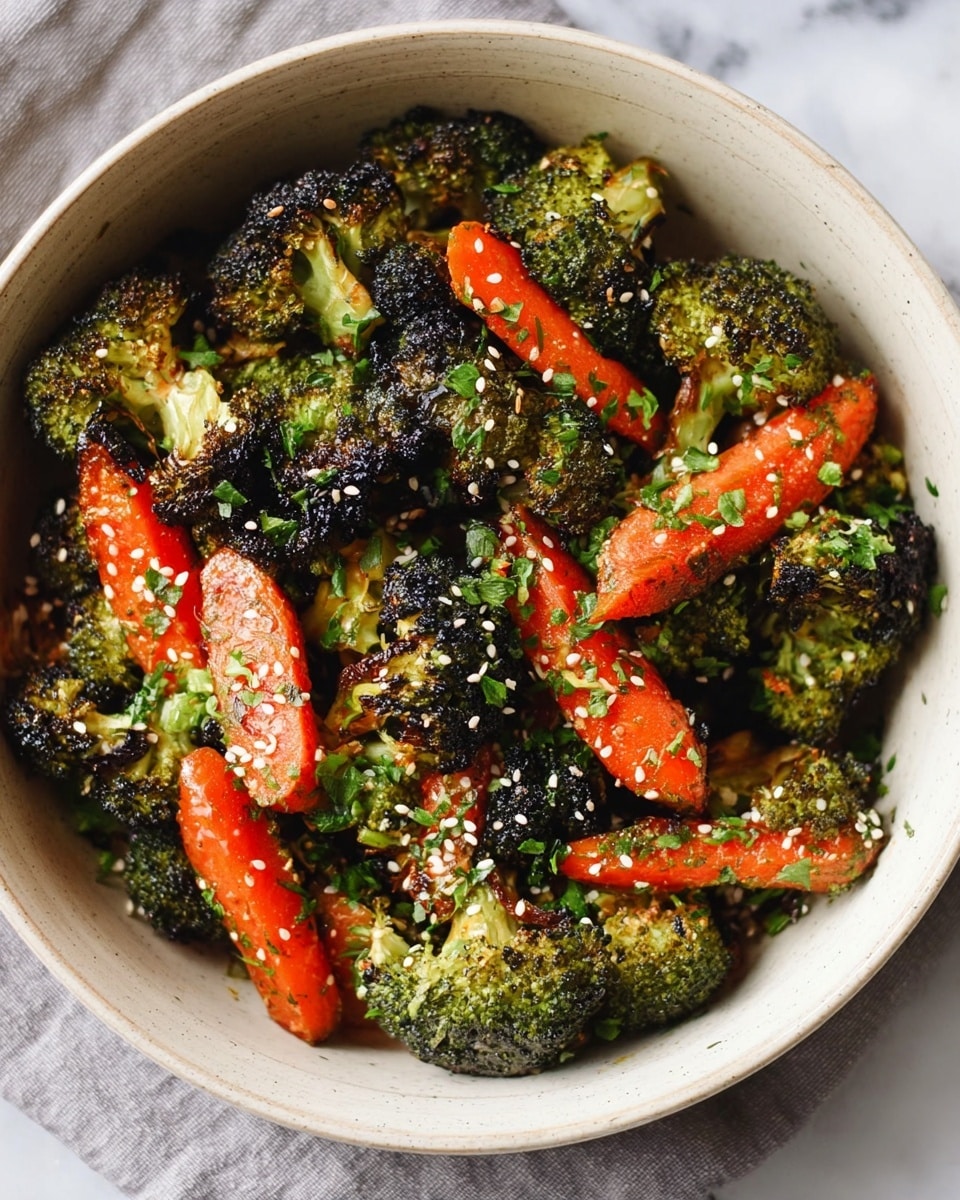 A bowl filled with roasted broccoli and carrots is shown. The broccoli pieces are dark green with charred black spots, giving them a crispy look. The carrot slices are bright orange and slightly glossy, placed evenly among the broccoli. The vegetables are sprinkled with small white sesame seeds and chopped green herbs, adding more texture and color contrast. The bowl itself is white, resting on a white marbled surface. photo taken with an iphone --ar 4:5 --v 7