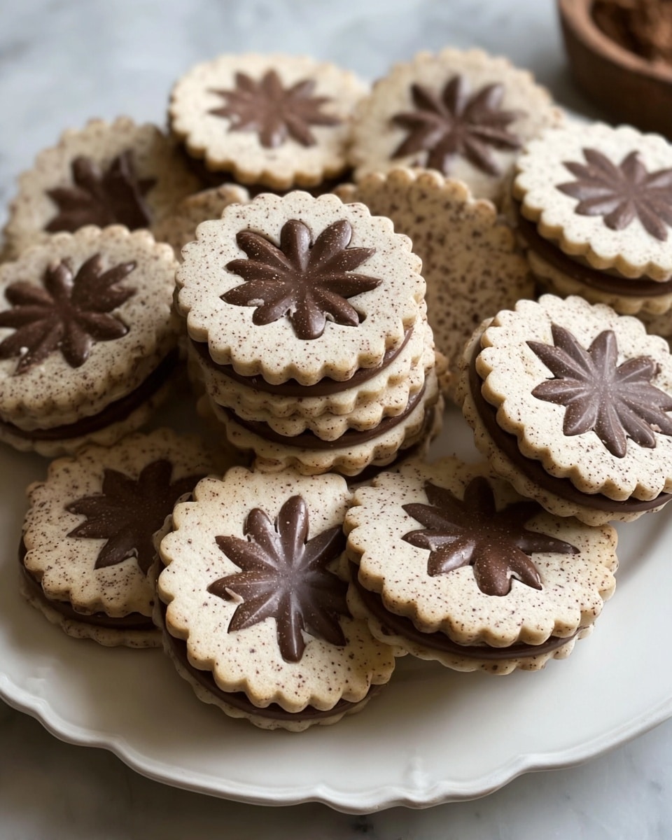 A white plate with a raised edge holds many round sandwich cookies with scalloped edges. Each cookie has two layers: a light beige speckled top and bottom layer with a flower-shaped cutout in the center, and a darker brown middle layer visible through the cutout and around the edges. The cookies are arranged in overlapping circles, some stacked, showing the contrast between the creamy beige and rich chocolate brown textures. The plate is set on a white marbled surface. photo taken with an iphone --ar 4:5 --v 7