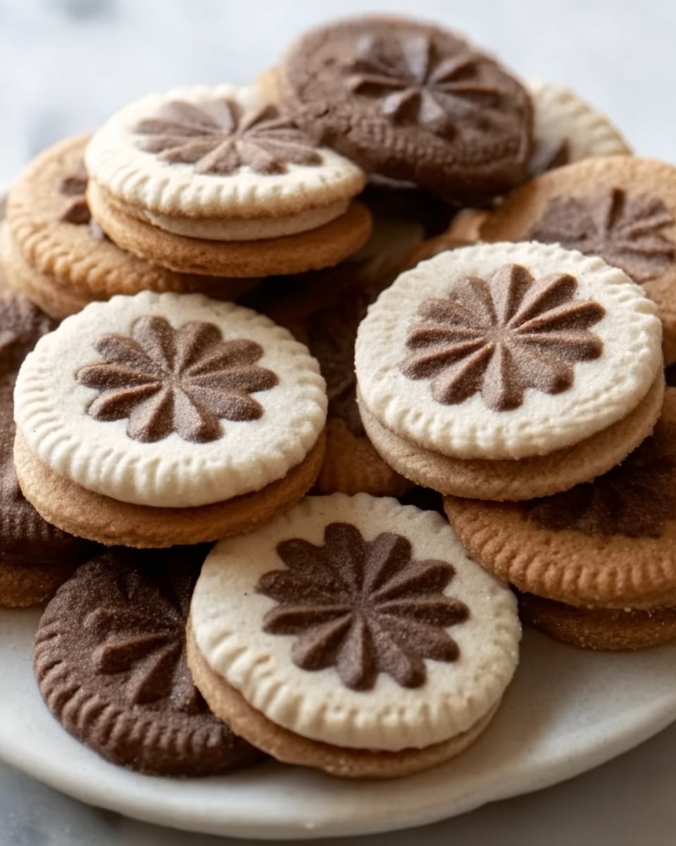 The image shows a white plate filled with several sandwich cookies arranged neatly. Each cookie has two round, light brown layers with a smooth cream filling in between. The top cookie displays a flower-shaped cut-out exposing the cream inside, while the other cookies show a simple, ridged edge design. Some cookies have a darker brown color with a star-shaped pattern pressed into the top layer, giving a contrast in color and texture. The plate is set on a white marbled surface, and the lighting highlights the cookies’ fine details and soft texture. photo taken with an iphone --ar 4:5 --v 7