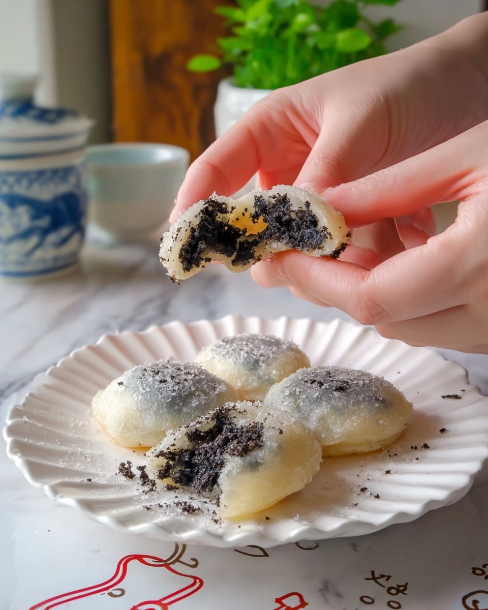 A close-up of a pair of woman's hands pulling apart a small round snack with a translucent, slightly yellow-tinted outer layer that looks soft and chewy. Inside, there is a dark black filling that appears crumbly and moist, contrasting sharply with the pale outer layer. In the background, five more pieces of the same snack are arranged on a white, scalloped plate sitting on a white marbled surface, with some small cartoonish red line drawings faintly visible underneath. The scene includes blurred ceramic containers and a green potted plant in the background. Photo taken with an iphone --ar 4:5 --v 7