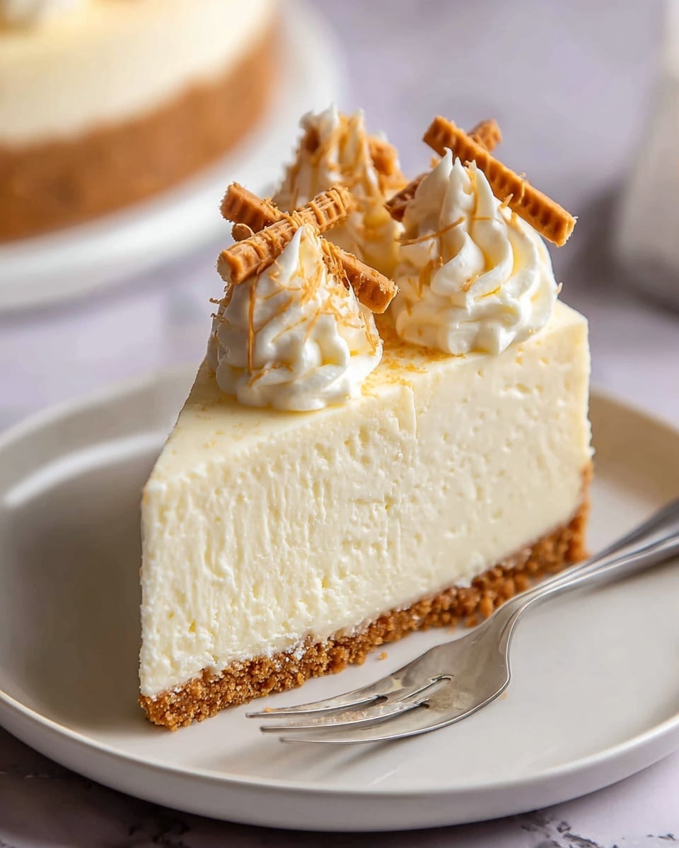 A slice of creamy cheesecake sits on a white plate with a crumbly golden brown crust as the bottom layer. The middle layer is thick and smooth off-white cheesecake with a dense texture. The top layer has dollops of white whipped cream, each topped with thin, golden toasted strands. A silver fork rests beside the slice on the plate, all placed on a white marbled textured surface with a blurred whole cheesecake in the background. Photo taken with an iphone --ar 4:5 --v 7
