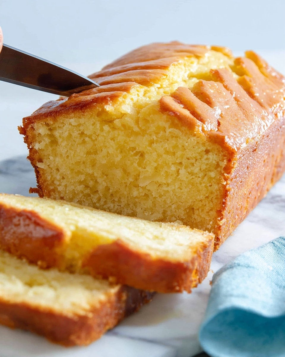 A golden-brown loaf cake is placed on a white marbled surface, with its soft, yellowish interior visible as two slices are cut from it near the front. The cake's top is shiny and slightly ridged, showing a moist texture. A knife with a black handle is cutting into the right side of the loaf, held by a woman’s hand just out of frame. A light blue cloth is partly visible on the lower right edge next to the cake. The image looks bright and clear, focusing on the texture of the cake. photo taken with an iphone --ar 4:5 --v 7