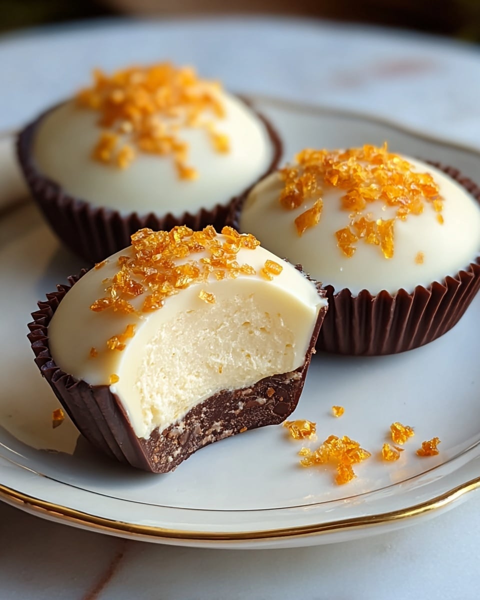 Three round treats sit on a white plate with a gold rim, placed on a white marbled texture. Each treat has three layers: the bottom layer is a dark brown crinkled paper cup, the middle layer is a creamy white smooth filling, and the top layer is a shiny white coating covered with small bright orange flakes. One treat in the front shows a bite taken out, revealing the soft, textured creamy filling inside. A few orange flakes are scattered around the plate. Photo taken with an iphone --ar 4:5 --v 7
