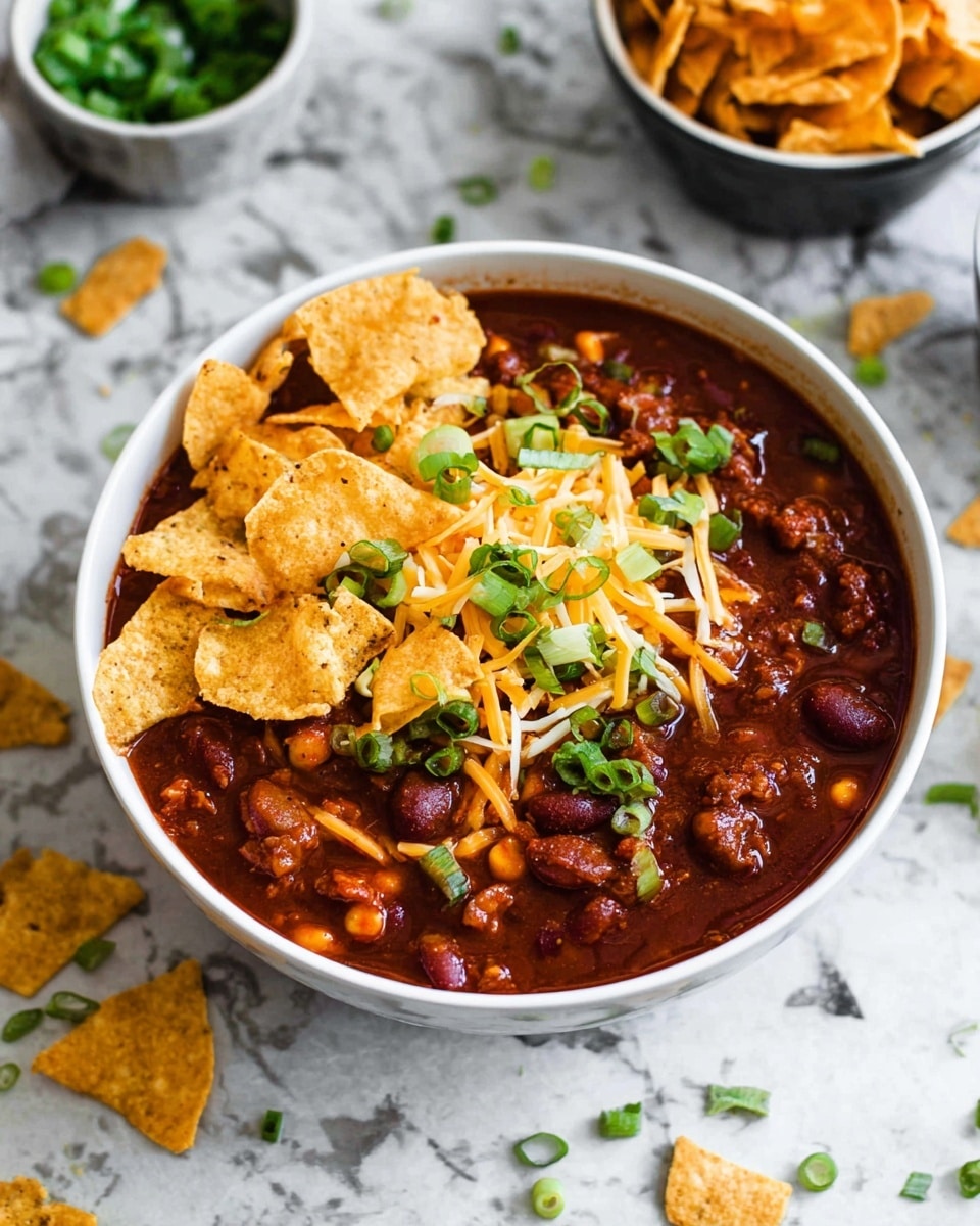 A white bowl filled with rich, thick chili made of dark red beans, chunks of meat, and corn, topped with a layer of shredded orange cheddar cheese scattered unevenly across the surface. On top of the cheese, there is a layer of light yellow, crispy corn chips broken into pieces, garnished with sliced green spring onions spread thinly around. The bowl is placed on a white marbled texture, with a few loose corn chips and chopped spring onions scattered nearby, and bowls of extra corn chips and spring onions in the background. Photo taken with an iphone --ar 4:5 --v 7