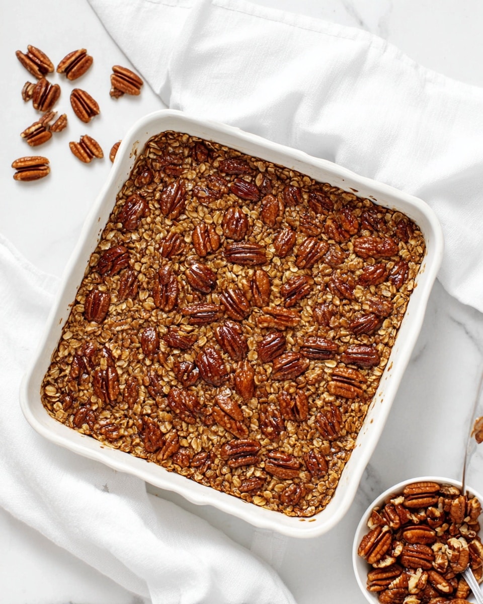 The image shows a square white ceramic baking dish filled with a baked oat and pecan dish. The top layer is packed with glossy dark brown pecan halves and pieces, evenly spread, resting on a textured layer of golden-brown oats that look soft and slightly sticky. The edges of the dish show a slight caramelized browning, indicating a well-cooked crust. The dish sits on a white marbled surface with a white cloth partially visible in the background. Next to the dish is a small white bowl filled with more pecan halves, with a few pecans scattered around it. photo taken with an iphone --ar 4:5 --v 7