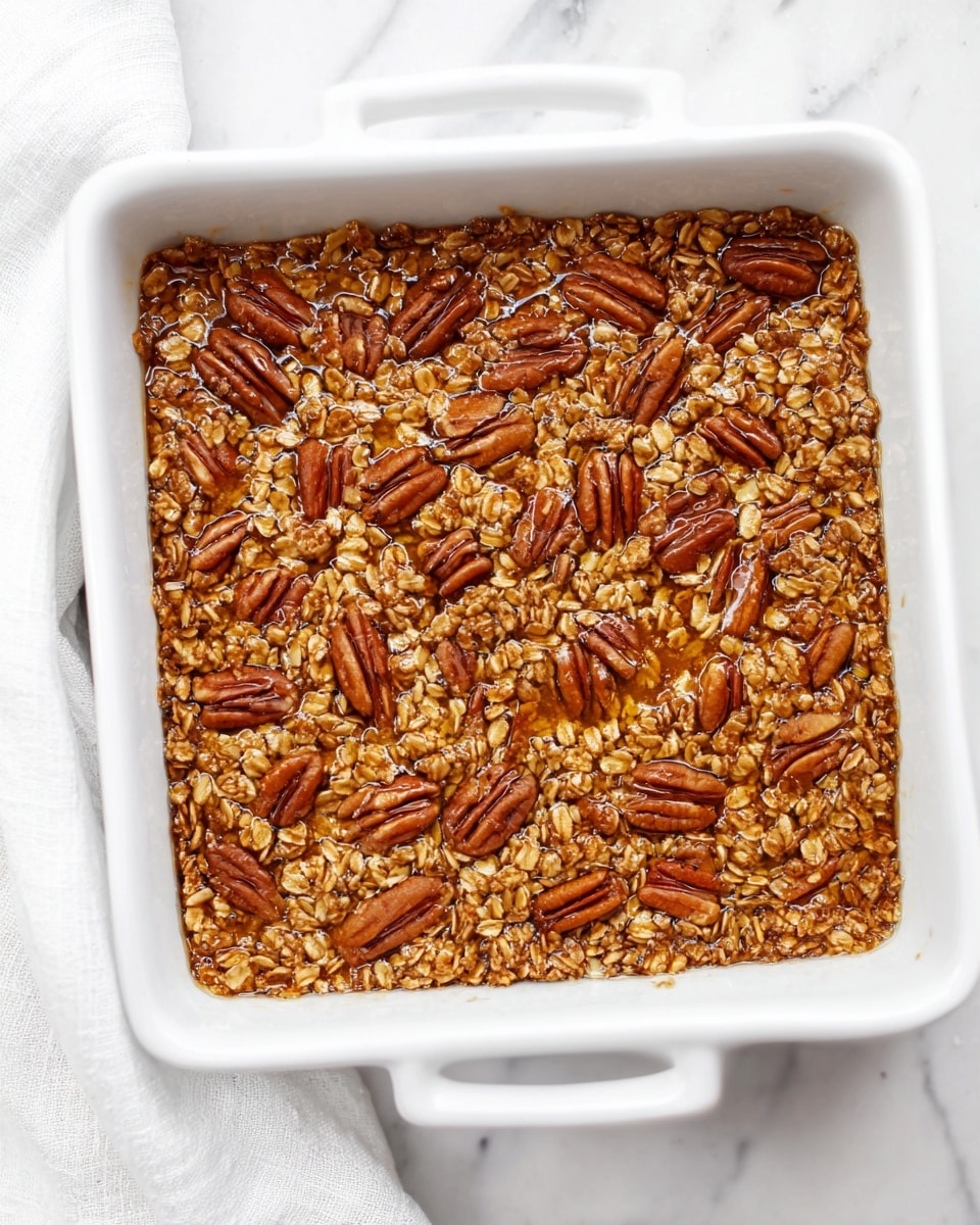 The image shows a close-up of a baked oatmeal dish in a white, square baking dish with handles. The top layer is golden brown with toasted oats and whole pecans scattered evenly across the surface, giving a textured and slightly shiny finish from a glaze or syrup. The oats look soft and sticky, mixed tightly to form a solid but slightly crumbly top. The dish rests on a white marbled surface with a folded white cloth on the left side. photo taken with an iphone --ar 4:5 --v 7