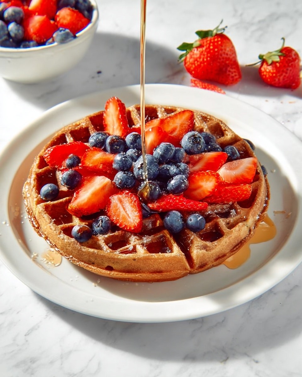 A golden brown waffle sits in the middle of a white plate on a white marbled surface, topped with a generous layer of fresh blueberries and sliced strawberries evenly spread across the waffle’s grid. A thin stream of syrup is being poured onto the center, glistening as it flows over the berries and waffle texture. In the background, a white bowl filled with more blueberries and several whole strawberries lie scattered around. The entire scene is brightly lit, emphasizing the fresh colors and textures of the fruit and waffle. photo taken with an iphone --ar 4:5 --v 7