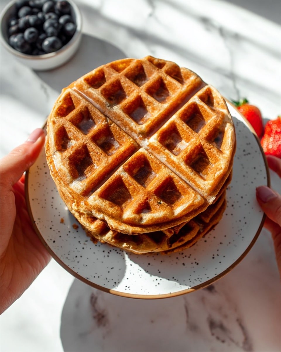 The image shows a close-up of two round waffles, one stacked on top of the other on a white plate with black specks, placed on a white marbled surface. The top waffle is being held by two woman's hands, one on each side, lifting it slightly to reveal the waffle underneath. Both waffles have a golden-brown color with a crisp texture and deep square indentations divided into four parts. In the background, there is a white bowl filled with fresh blueberries and a red strawberry partially visible. The scene is well-lit with natural light casting soft shadows. Photo taken with an iphone --ar 4:5 --v 7