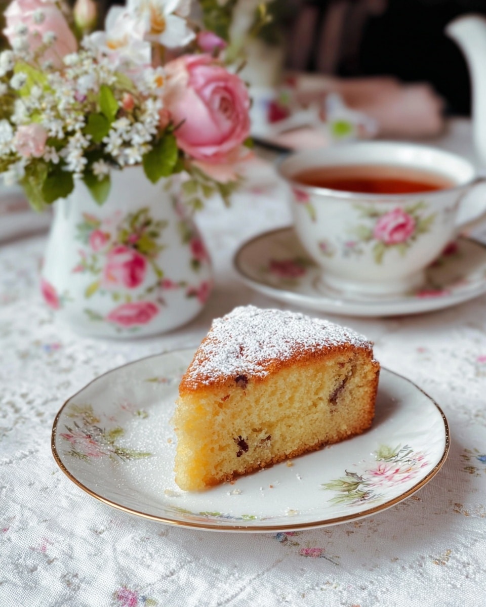 A slice of golden brown cake with small dark specks is placed in the center of a white plate with a light floral pattern and a thin gold rim. The cake has one main layer with a lightly dusted white powdered sugar topping. The plate sits on a white marbled surface that shows a subtle floral tablecloth beneath. Behind the plate, there is a white cup with floral designs filled with steaming tea on a matching saucer. To the left, a small white vase with floral prints holds a bouquet of assorted flowers in soft pink, white, and green colors. Photo taken with an iphone --ar 4:5 --v 7