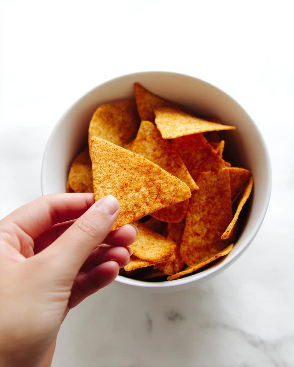 A white bowl full of crispy tortilla chips, each chip is triangular and stacked unevenly with crunchy texture visible. The chips have a golden-yellow color with a light dusting of reddish seasoning powder that gives them a slightly speckled look. The bowl sits on a white marbled surface, and the chips appear crunchy and fresh. photo taken with an iphone --ar 4:5 --v 7