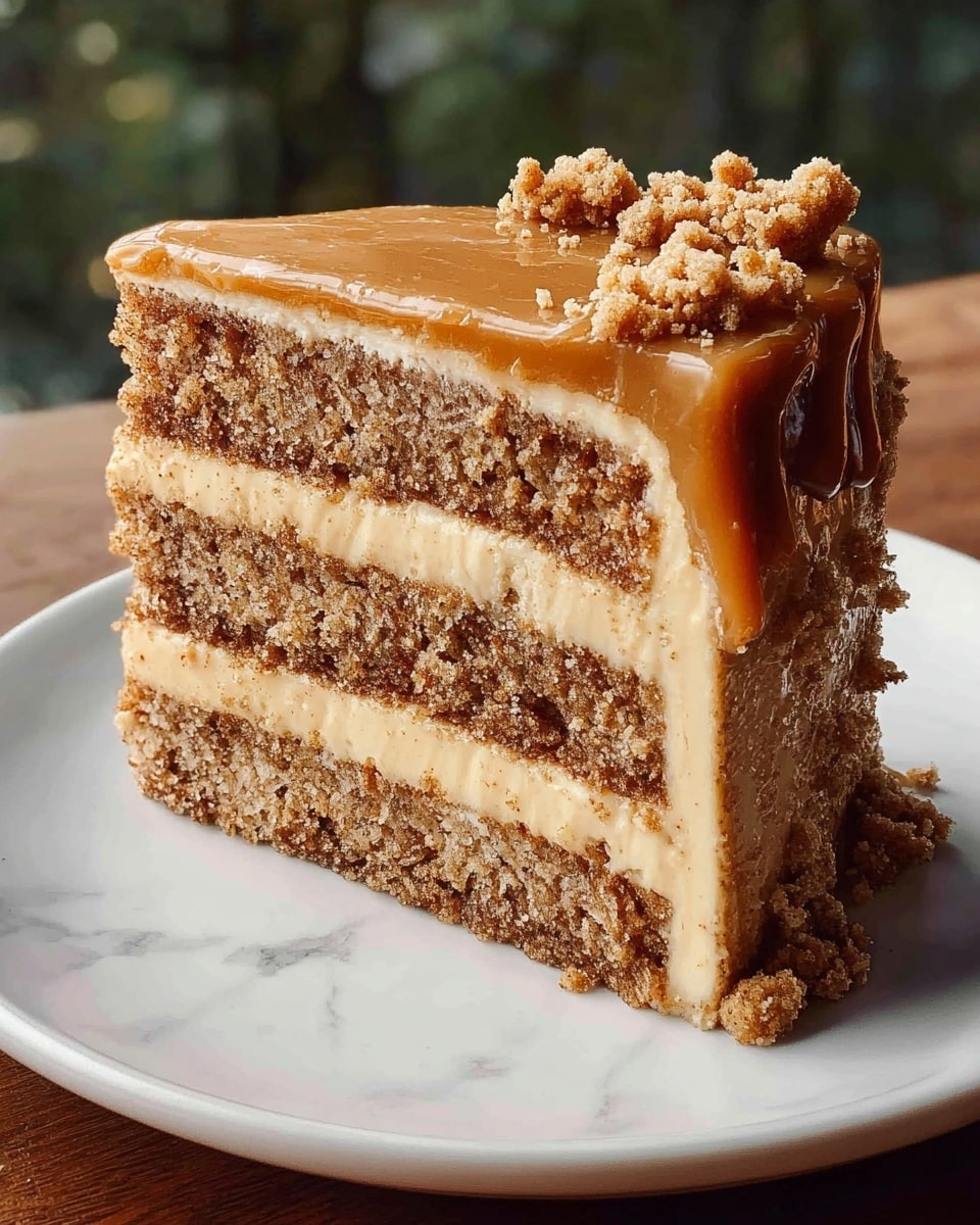 A close-up view of a three-layer cake slice sitting on a white plate with a white marbled texture. The bottom layer is a crumbly brown cake, followed by a smooth, light brown creamy filling. Above it is a second layer of the same brown cake, topped again with the same creamy filling layer. The top surface of the cake is covered with a glossy, smooth light brown frosting, decorated with small dollops of the same frosting along the edge. The textures show a moist cake crumb and creamy frosting in contrast, lit softly against a dark background. photo taken with an iphone --ar 4:5 --v 7