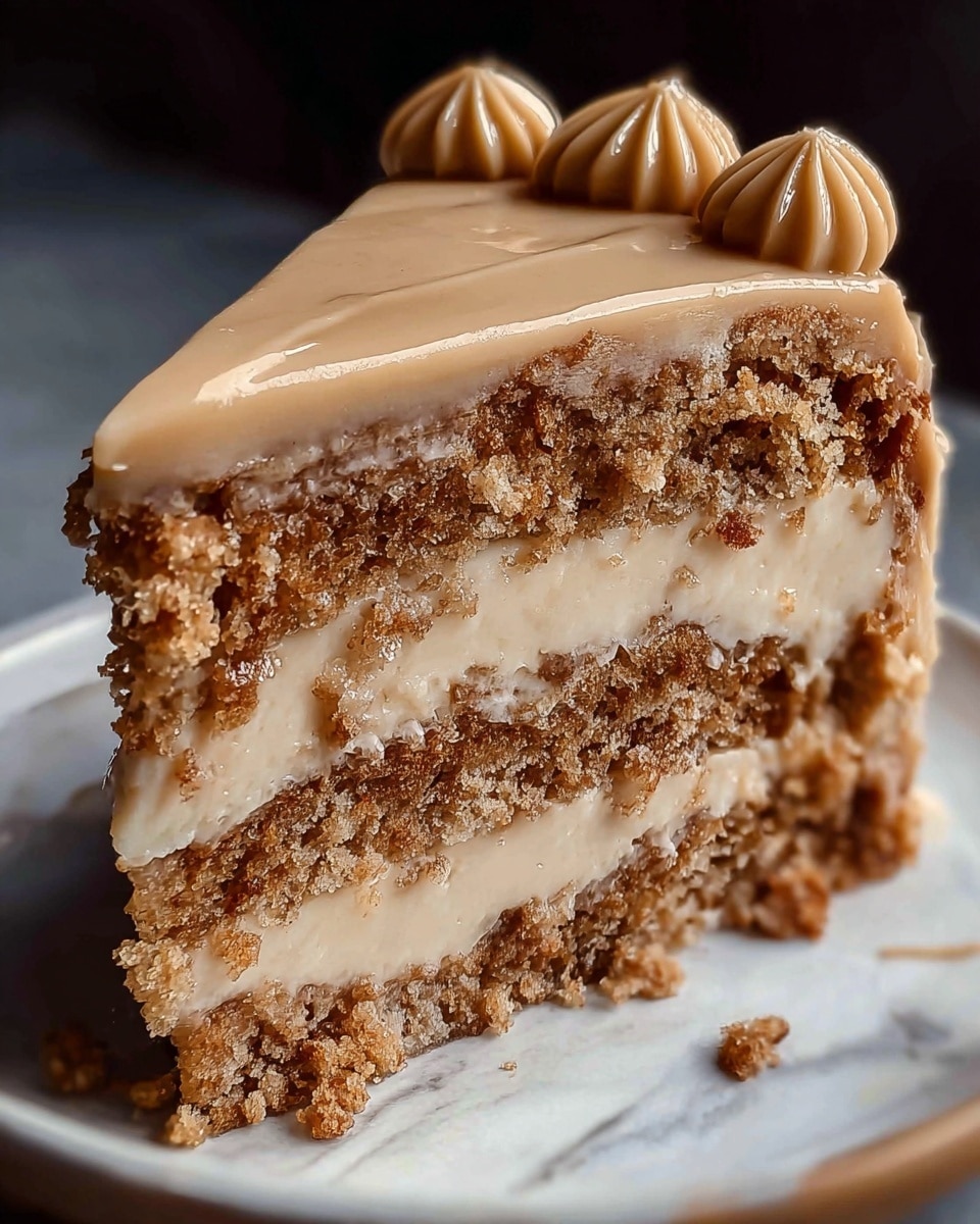 A slice of three-layer cake sits on a white plate with a white marbled texture surface below. The cake has thick, crumbly brown layers with a coarse texture alternating with smooth, light caramel-colored cream layers in between. The top of the cake is covered with a thick, glossy caramel-colored frosting that drapes slightly on the edges and is decorated with small crumbles of the same cake on one corner. The whole slice has a rich and dense appearance, with the layers clearly defined. Photo taken with an iphone --ar 4:5 --v 7